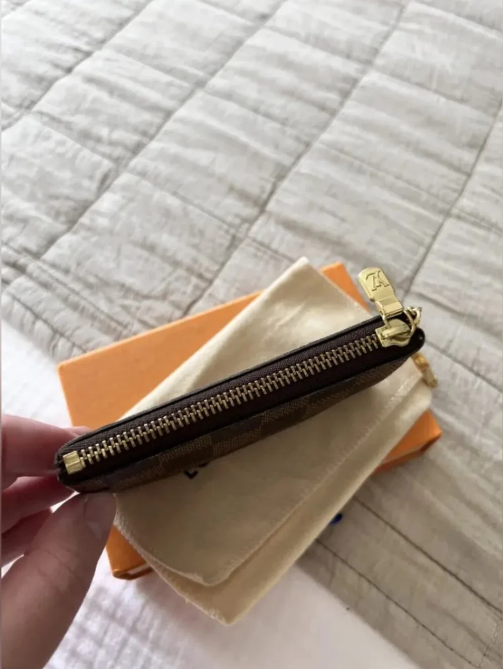 Brown Checkered Key Pouch with Gold Hardware